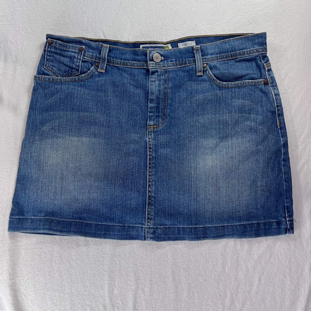 Old Navy Low Waist Denim Mini Skirt Size 12 Medium Wash‎ Stretch Embroidered Y2K